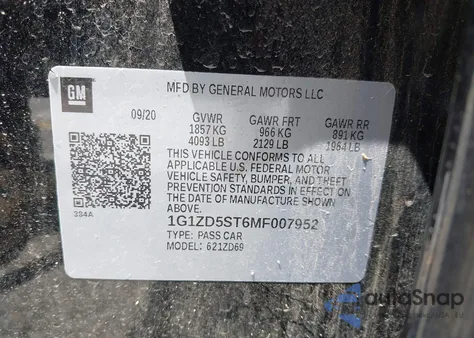 2021 Chevrolet Malibu Fwd Lt z USA, uszkodzony, nr VIN 1G1ZD5ST6MF007952